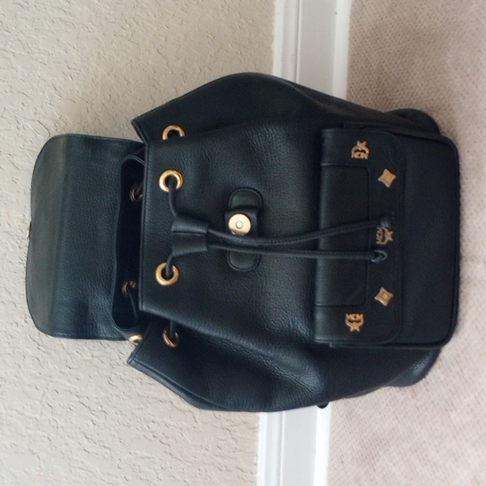 MCM Black Leather Backpack with Gold Accents - Picture 3 of 11